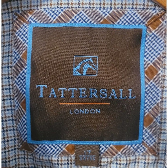 Tattersall London Mens Long Sleeve Dress Shirt Blue Brown 17 34/35 Contrast - Picture 4 of 6